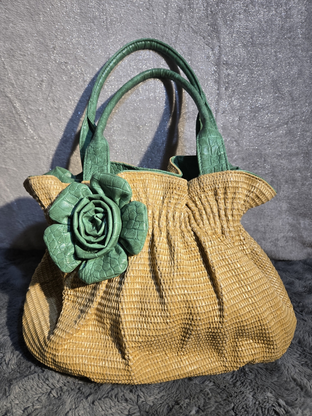 Bueno Woven Straw Satchel with Green Leather Flower